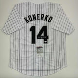 Autographed/Signed Paul Konerko Chicago Pinstripe Baseball Jersey JSA COA