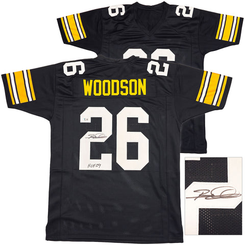 STEELERS ROD WOODSON AUTOGRAPHED BLACK JERSEY "HOF 09" BECKETT WITNESS 229996