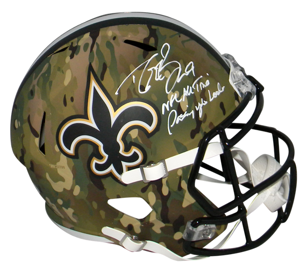 DREW BREES SIGNED NEW ORLEANS SAINTS CAMO FULL SIZE HELMET W/ NFL PASSING LEADER