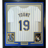 Framed Autographed/Signed Robin Yount 35x39 Milwaukee Pinstripe Jersey JSA COA