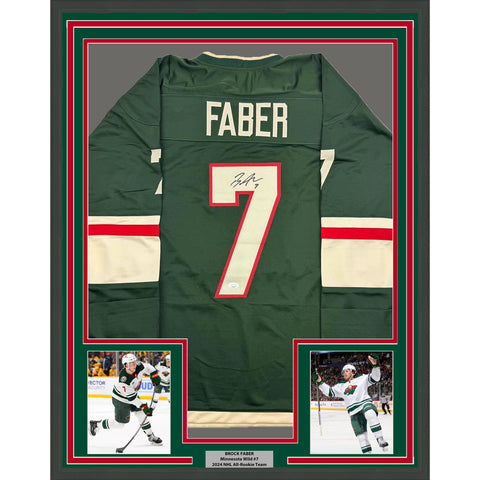 Framed Autographed/Signed Brock Faber 35x39 Minnesota Green Jersey JSA COA