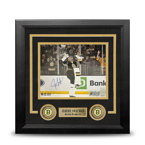 Jeremy Swayman Celebration Boston Bruins Autographed 8x10 Framed Photo JSA PSA