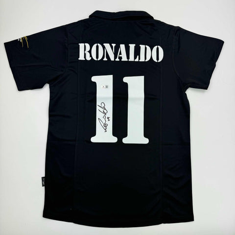 Autographed/Signed Ronaldo Nazario Real Madrid Black Soccer Jersey Beckett COA