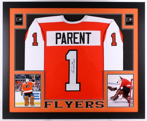 Bernie Parent Signed Flyers 35x 43 Custom Framed Jersey Inscribed "HOF 84" / JSA