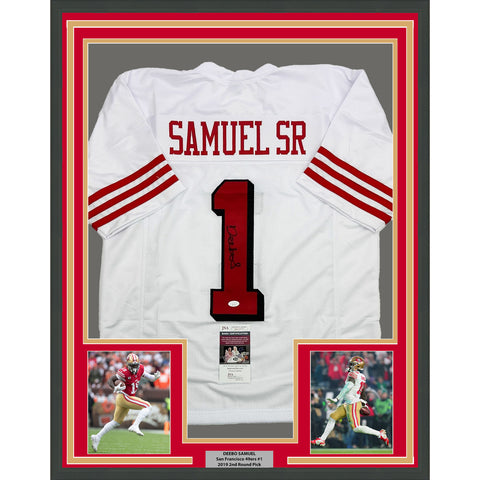 Framed Autographed/Signed Deebo Samuel Sr. 35x39 White Alternate Jersey JSA COA