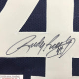 Framed Autographed/Signed Rudy Ruettiger 35x39 Never Quit ND Blue Jersey JSA COA