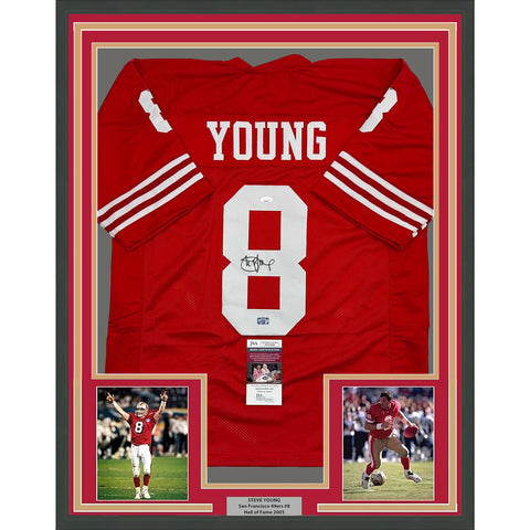 Framed Autographed/Signed Steve Young 35x39 San Francisco Red Jersey JSA COA