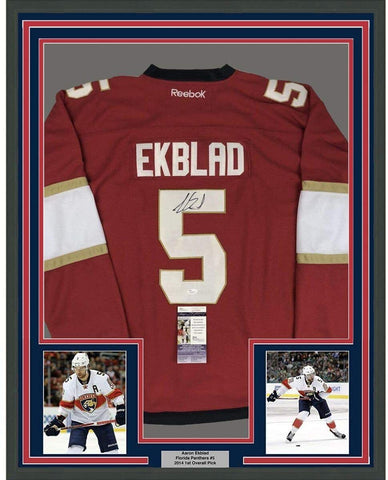 Framed Autographed/Signed Aaron Ekblad 35x39 Florida Red Hockey Jersey JSA COA