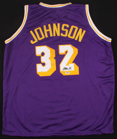 Magic Johnson Signed Los Angeles Lakers Purple Jersey (PSA/DNA COA) 5xNBA Champ