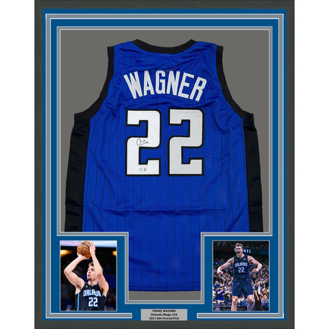 Framed Autographed/Signed Franz Wagner 35x39 Orlando Blue Jersey Beckett BAS COA