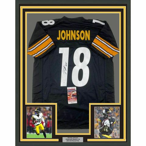 FRAMED Autographed/Signed DIONTAE JOHNSON 33x42 Pittsburgh Black Jersey JSA COA