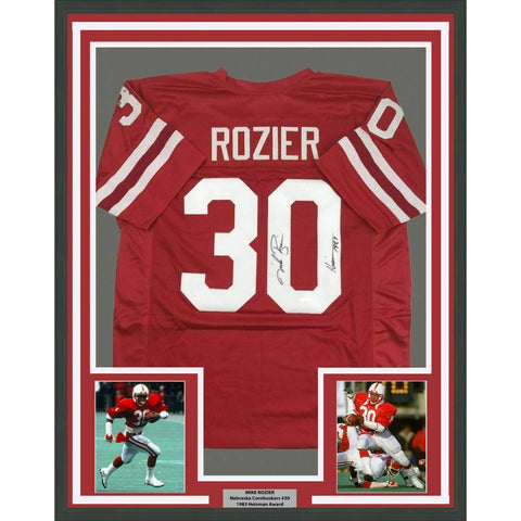 FRAMED Autographed/Signed MIKE ROZIER 33x42 Heisman 1983 Red Jersey Tristar COA