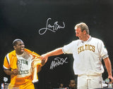 Larry Bird Magic Johnson Signed 16x20 Boston Celtics Shirt Pull Photo JSA+BAS