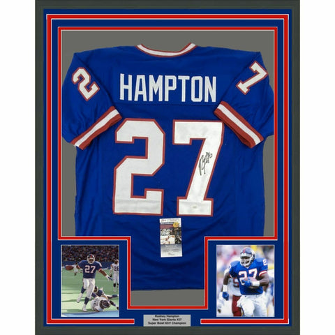 FRAMED Autographed/Signed RODNEY HAMPTON 33x42 New York Blue Jersey JSA COA Auto