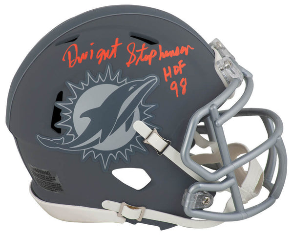 Dwight Stephenson Signed Dolphins SLATE Riddell Mini Helmet w/HOF (SCHWARTZ COA)