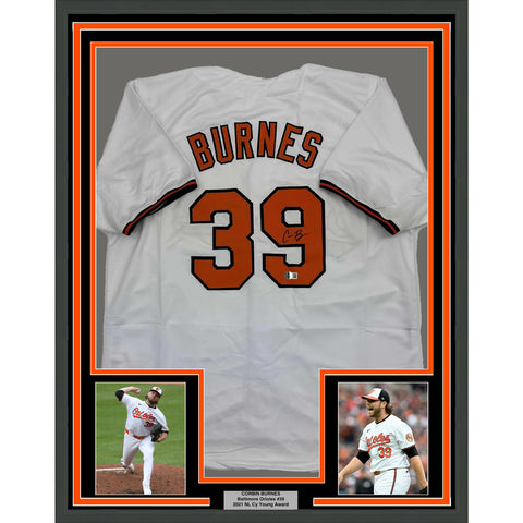 Framed Autographed/Signed Corbin Burnes 35x39 Baltimore White Jersey Beckett COA