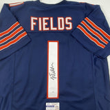 Autographed/Signed JUSTIN FIELDS Chicago Blue Football Jersey JSA COA Auto