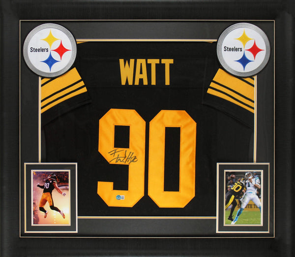 T.J. Watt Signed Black Color Rush Pro Style Framed Jersey w/ Yellow #'s BAS Wit