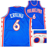 76ERS JULIUS "DR. J" ERVING AUTOGRAPHED BLUE JERSEY BECKETT WITNESS 230291