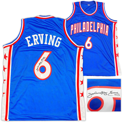 76ERS JULIUS "DR. J" ERVING AUTOGRAPHED BLUE JERSEY BECKETT WITNESS 230291