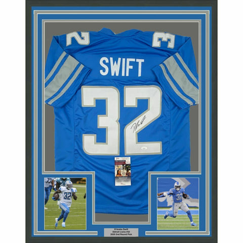 FRAMED Autographed/Signed D'ANDRE SWIFT 33x42 Detroit Blue Jersey JSA COA Auto