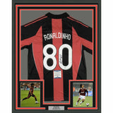 FRAMED Autographed/Signed RONALDINHO 33x42 AC Milan Red/Black Jersey Beckett COA