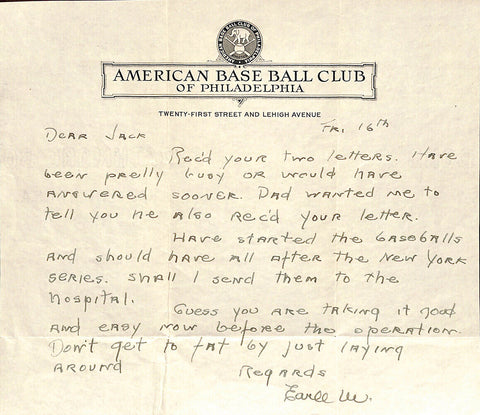 Earle Mack Signed American Base Ball Club Of Philadelphia Letter BAS Hologram