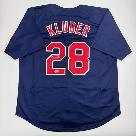 Autographed/Signed Corey Kluber Cleveland Blue Baseball Jersey Beckett BAS COA