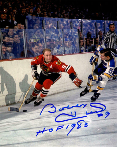 BOBBY HULL Signed Blackhawks Action vs Blues 8x10 Photo w/HOF 1983 - SCHWARTZ