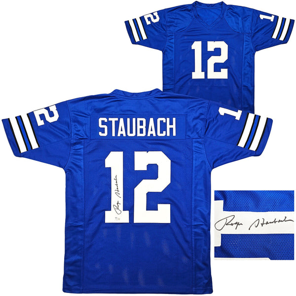 COWBOYS ROGER STAUBACH AUTOGRAPHED ROYAL BLUE JERSEY BECKETT WITNESS 2 –  Super Sports Center