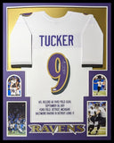 FRAMED BALTIMORE RAVENS JUSTIN TUCKER AUTOGRAPHED SIGNED STAT JERSEY JSA COA