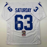 Autographed/Signed Jeff Saturday Indianapolis White Football Jersey JSA COA