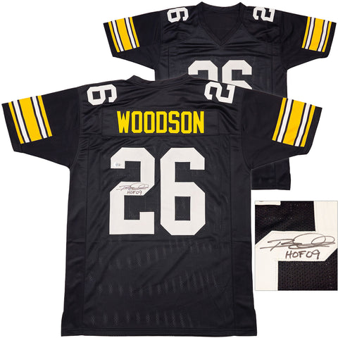 STEELERS ROD WOODSON AUTOGRAPHED BLACK JERSEY "HOF 09" BECKETT WITNESS 229997