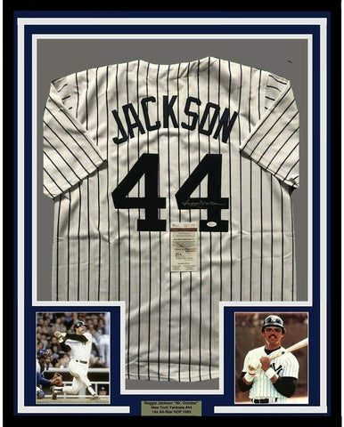 Framed Autographed/Signed Reggie Jackson 33x42 New York Pinstripe Jersey JSA COA