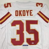 Autographed/Signed Christian Okoye Kansas City White Football Jersey PSA/DNA COA