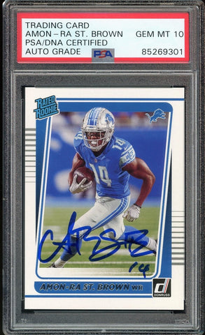 2021 Donruss Rated Rookie Amon-Ra St. Brown On Card PSA/DNA Auto GEM MINT 10