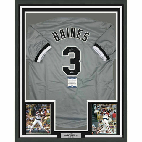 FRAMED Autographed/Signed HAROLD BAINES 33x42 Chicago Grey Jersey Beckett COA