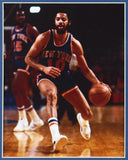 Walt Frazier Signed 35"x43" Framed New York Knicks Jersey (Beckett) 2xNBA Champ