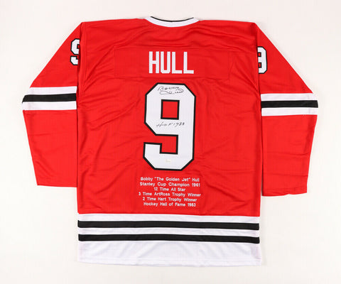 Bobby Hull SIgned Blackhawk Highlight Stat Jersey Inscribed "HOF 1983" (JSA COA)