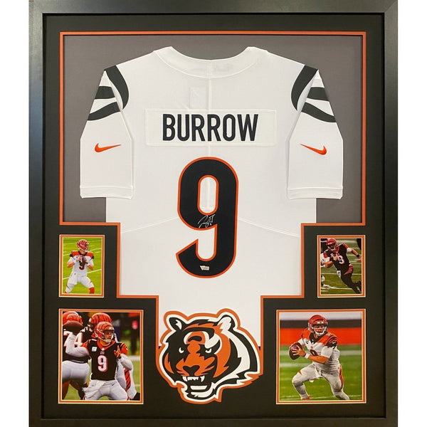 Joe Burrow Autographed Signed Framed White Cincinnati Bengals 4 Jersey FANATICS