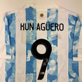 Autographed/Signed Sergio Kun Aguero 2021 Argentina Blue Soccer Jersey BAS COA