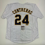 Autographed/Signed William Contreras Milwaukee Pinstripe Baseball Jersey JSA COA