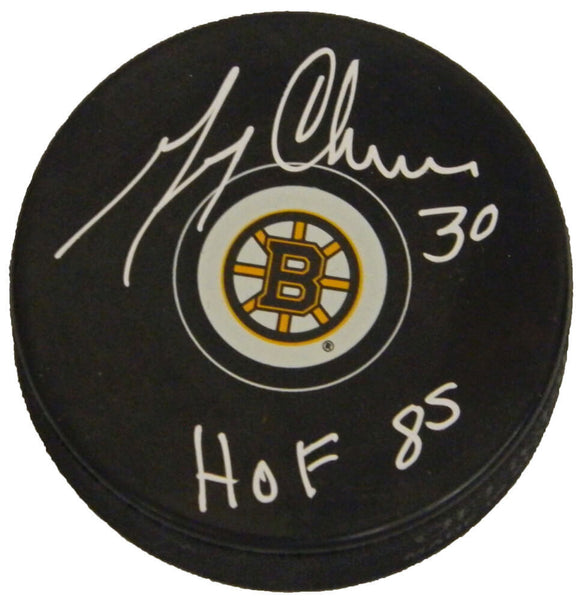 GERRY CHEEVERS Signed Boston Bruins Logo Hockey Puck w/HOF 85 - CSS LIVE