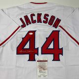 Autographed/Signed Reggie Jackson California Los Angeles White Jersey JSA COA