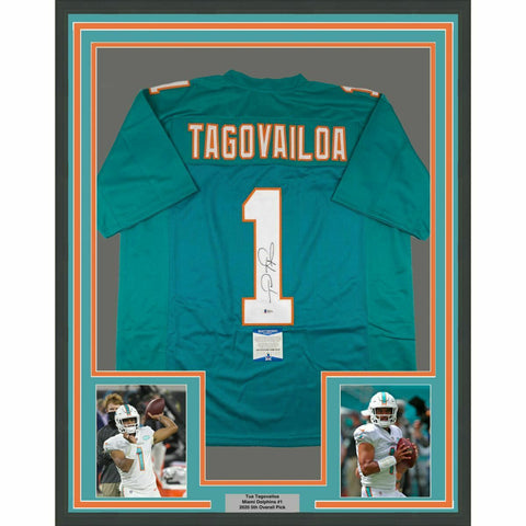 FRAMED Autographed/Signed TUA TAGOVAILOA 33x42 Miami Teal Jersey Beckett BAS COA