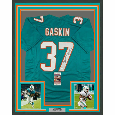 FRAMED Autographed/Signed MYLES GASKIN 33x42 Miami Teal Football Jersey JSA COA