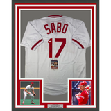 Framed Autographed/Signed Chris Sabo 33x42 White Baseball Jersey JSA COA