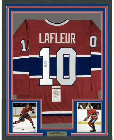 Framed Autographed/Signed Guy LaFleur 33x42 Montreal Red Hockey Jersey JSA COA