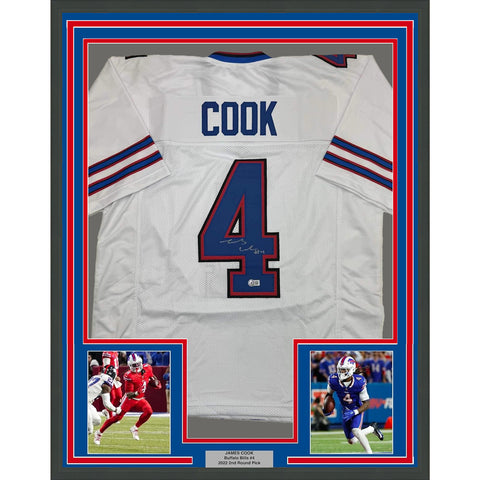 Framed Autographed/Signed James Cook 35x39 Buffalo White Jersey Beckett BAS COA