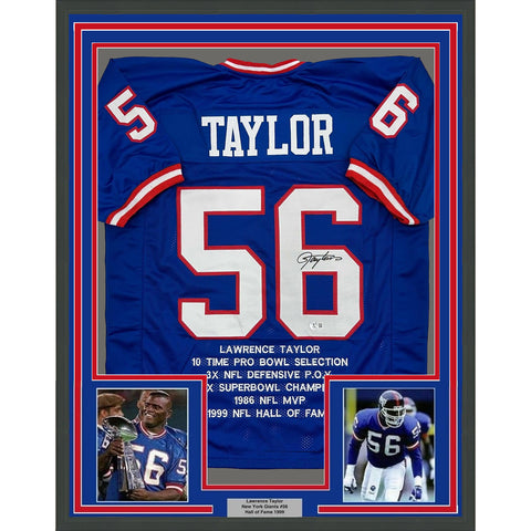 Framed Autographed/Signed Lawrence Taylor 35x39 NY Blue Stat Jersey Beckett COA